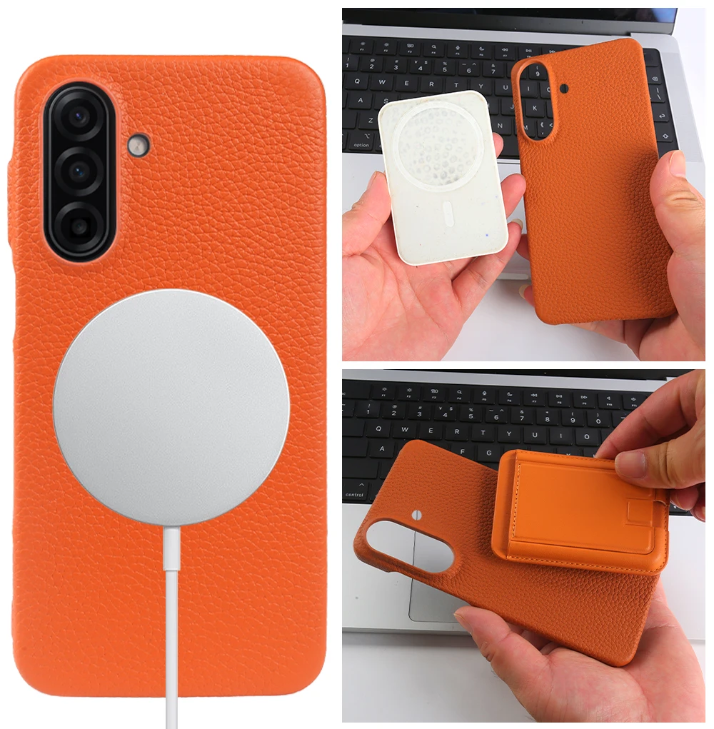 Magnetyczne etui z prawdziwej skóry liczi z obsługą MagSafe do Samsung Galaxy A56 A17 A26 A56 A55 A35 A15 A25 A54 A16, tylna obudowa na telefon — zdjęcie produktu 5