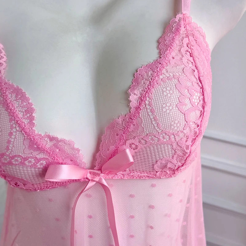 Two Piece Set Pink Sexy Women's Perspective Polka Dot Dress And Thong Set For Home Nightgown Clothing - view 3