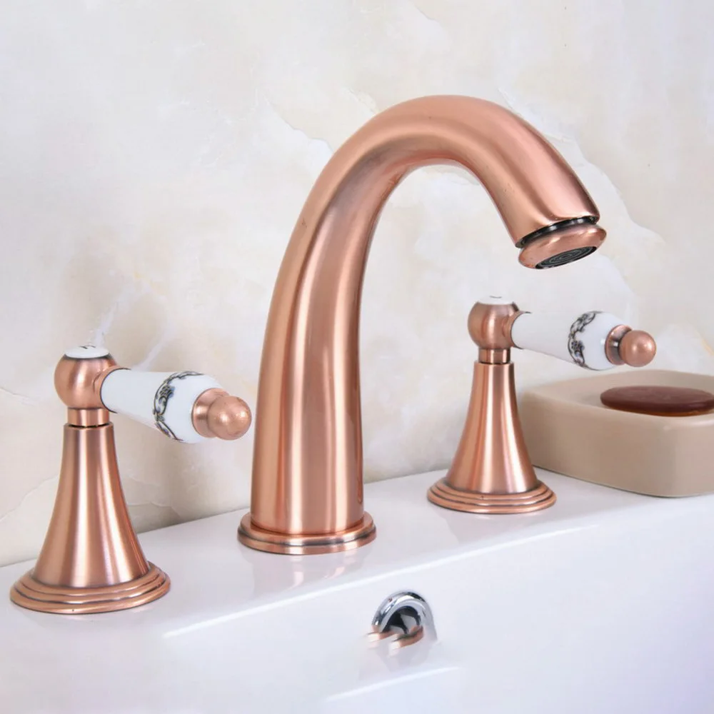 

Antique Red Copper Dual Handle Bathroom Mixer Faucet Deck Mounted 3 Install Holes Hot and Cold Water Lavatory Sink Taps Brg070