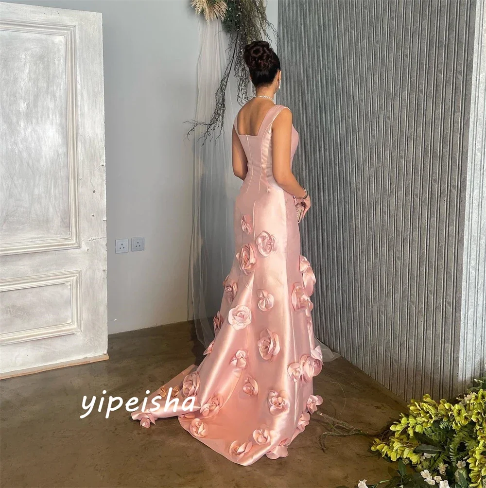 Customized Women Fashion Square Mermaid Formal Ocassion Gown Flower Hugging Floor Length Skirts Charmeuse Evening Dress فساتين ك