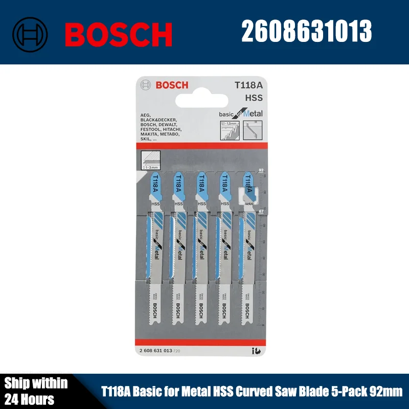 BOSCH 2608631013 T118A Basic для металла, пильное полотно HSS изогнутое, 5 шт., 92 мм, аксессуары для инструментов