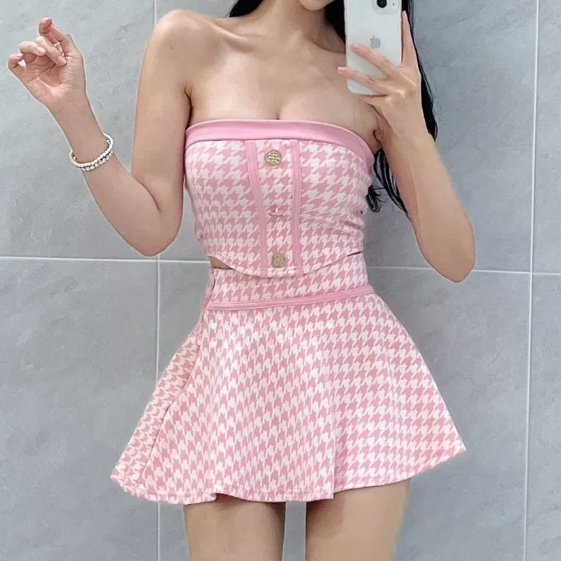 

2025 new in matching sets summer Knitted Women sexy Strapless Top Slim High Waist mini Skirt Sweater 2 piece sets woman outfit