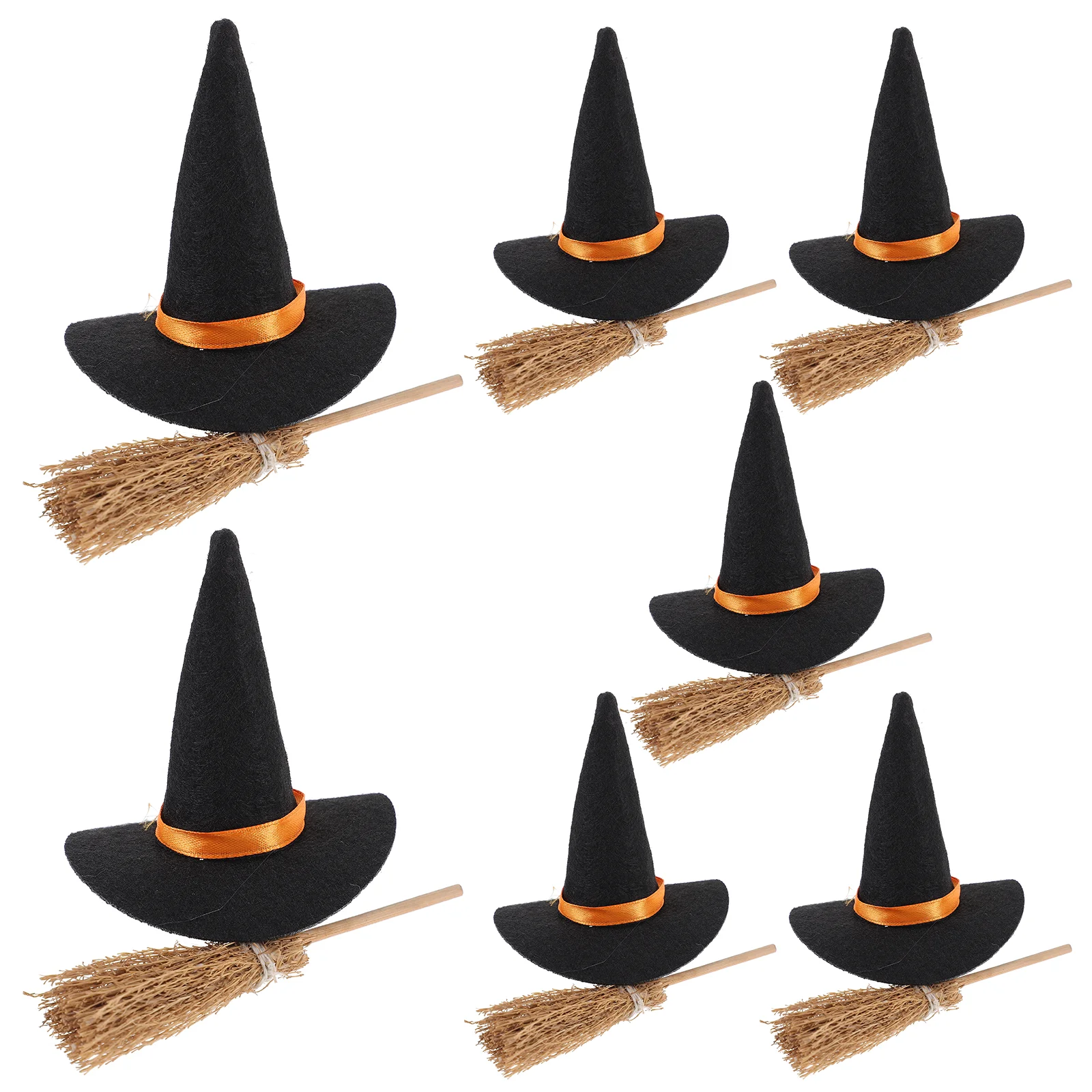 7 Set Halloween Felt Witch Hat Decor Costumes for Kids Toy Room Broom Craft Wooden Mini Child Brooms