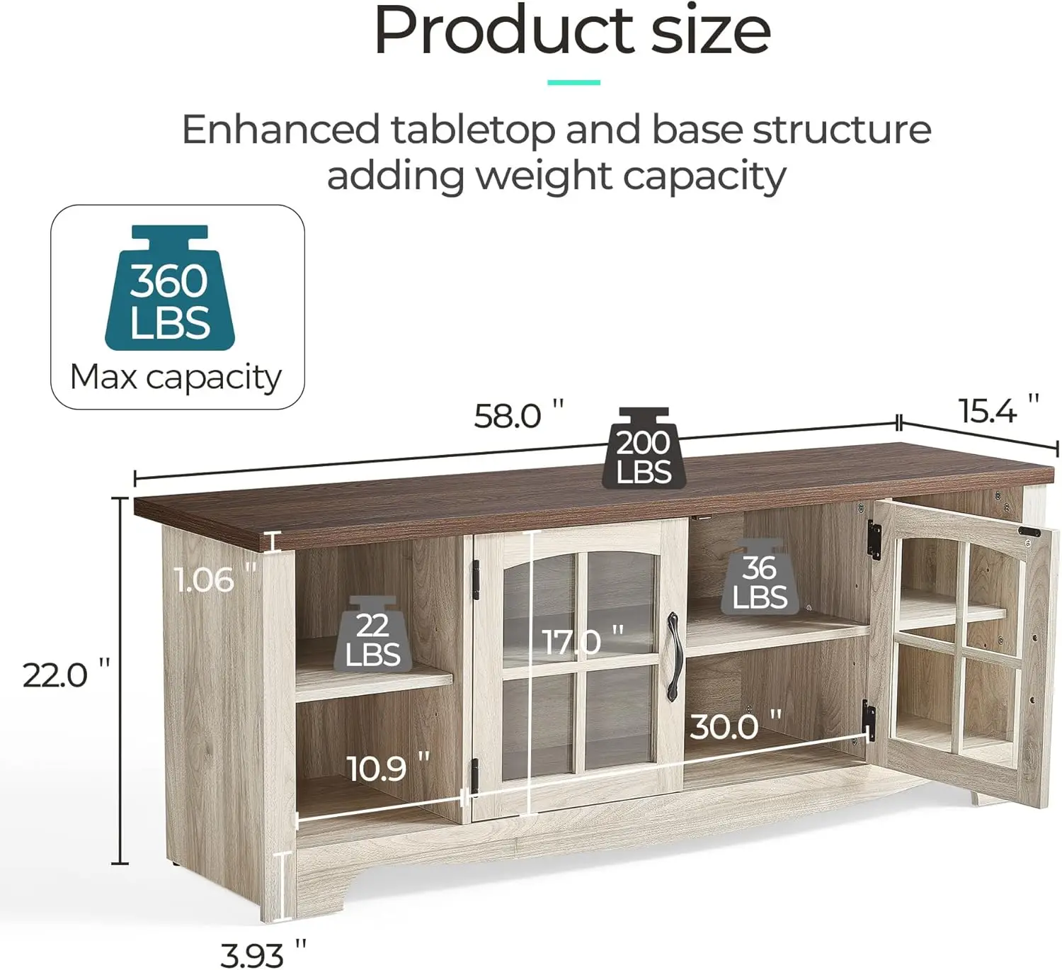 Farmhouse TV Stand para 65 "TV, Madeira Entertainment Center com porta de vidro, armário de armazenamento, prateleiras ajustáveis para sala