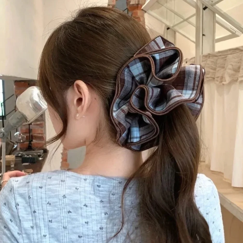 Blau karierte Stoff-Haargummis im College-Stil, sanfter Damen-Dutt-Haarseil, niedrige Pferdeschwanz-Haarbänder, Herbst- und Winter-Haar-Accessoires