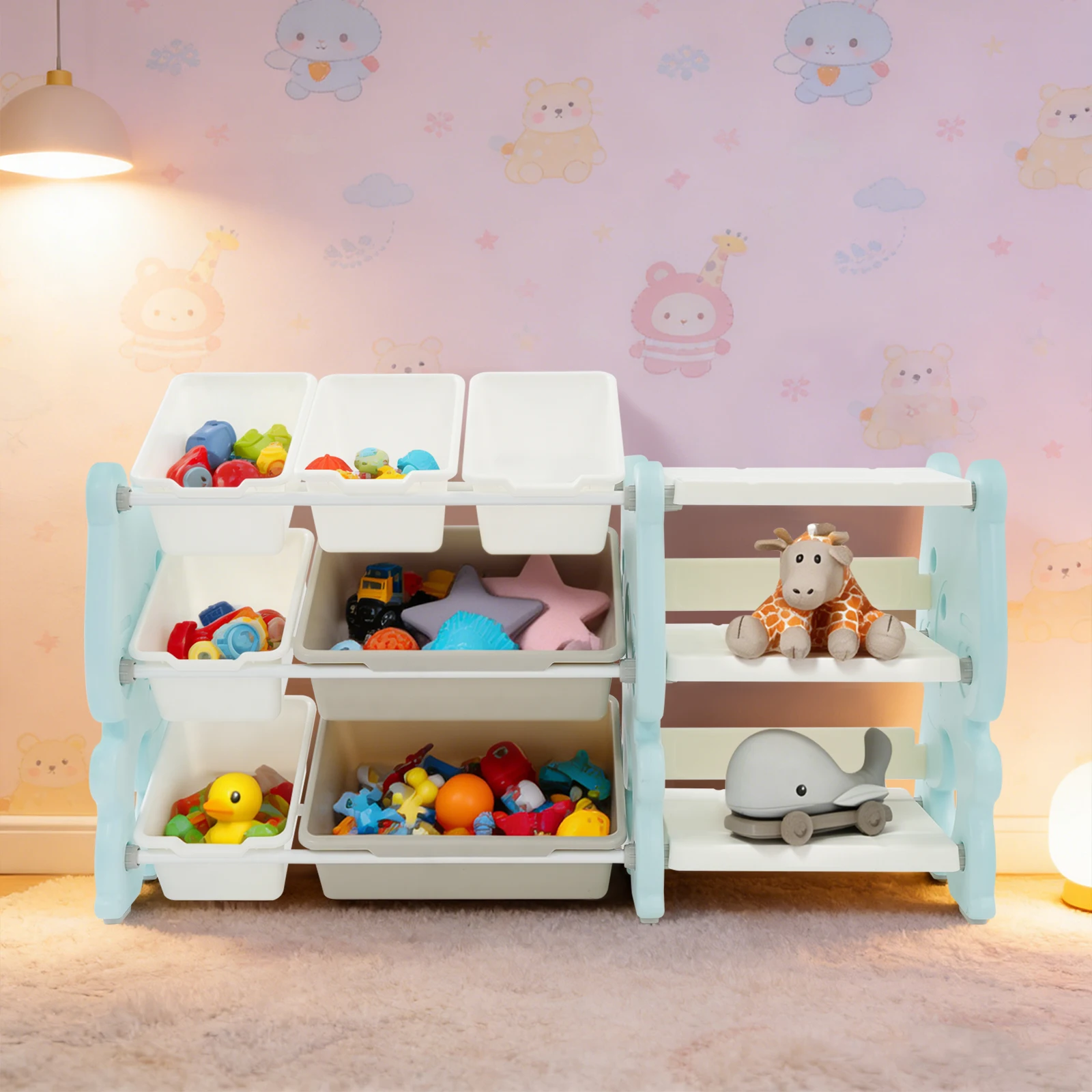 Montessori-Stil Kinderspielzeug-Aufbewahrungsregal in Bärenform, Dekor aus Blasformteilen, dicke Seitenwände, geneigtes Behälterdesign verhindert Spielzeugabsturzen, leicht abwischbar, Spielzeug-,