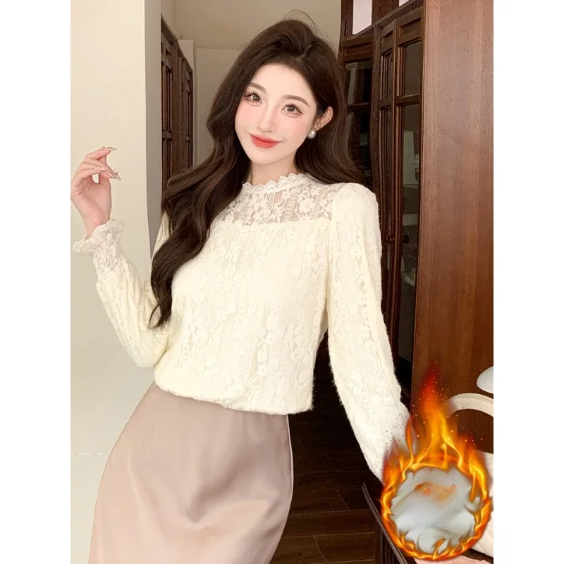 

2024, новая кружевная бархатная полая белая женская рубашка, осенне-зимняя рубашка с длинными рукавами, офисная женская элегантная рубашка с воротником-стойкой