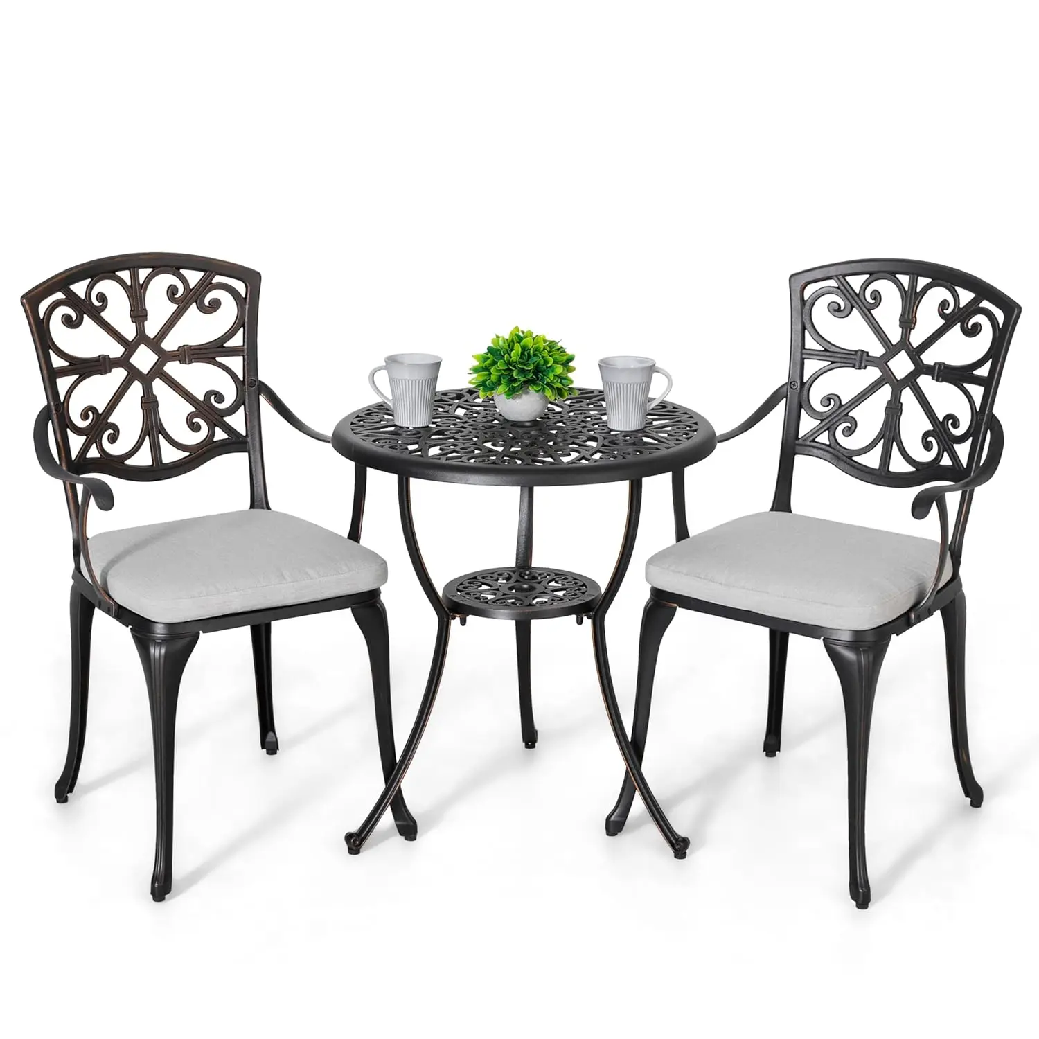 

Bistro Set 3 Piece Outdoor All Weather Cast Aluminum Patio Bistro Set Patio Table and Chairs Set of 2 with Umbrella Hole and Gre