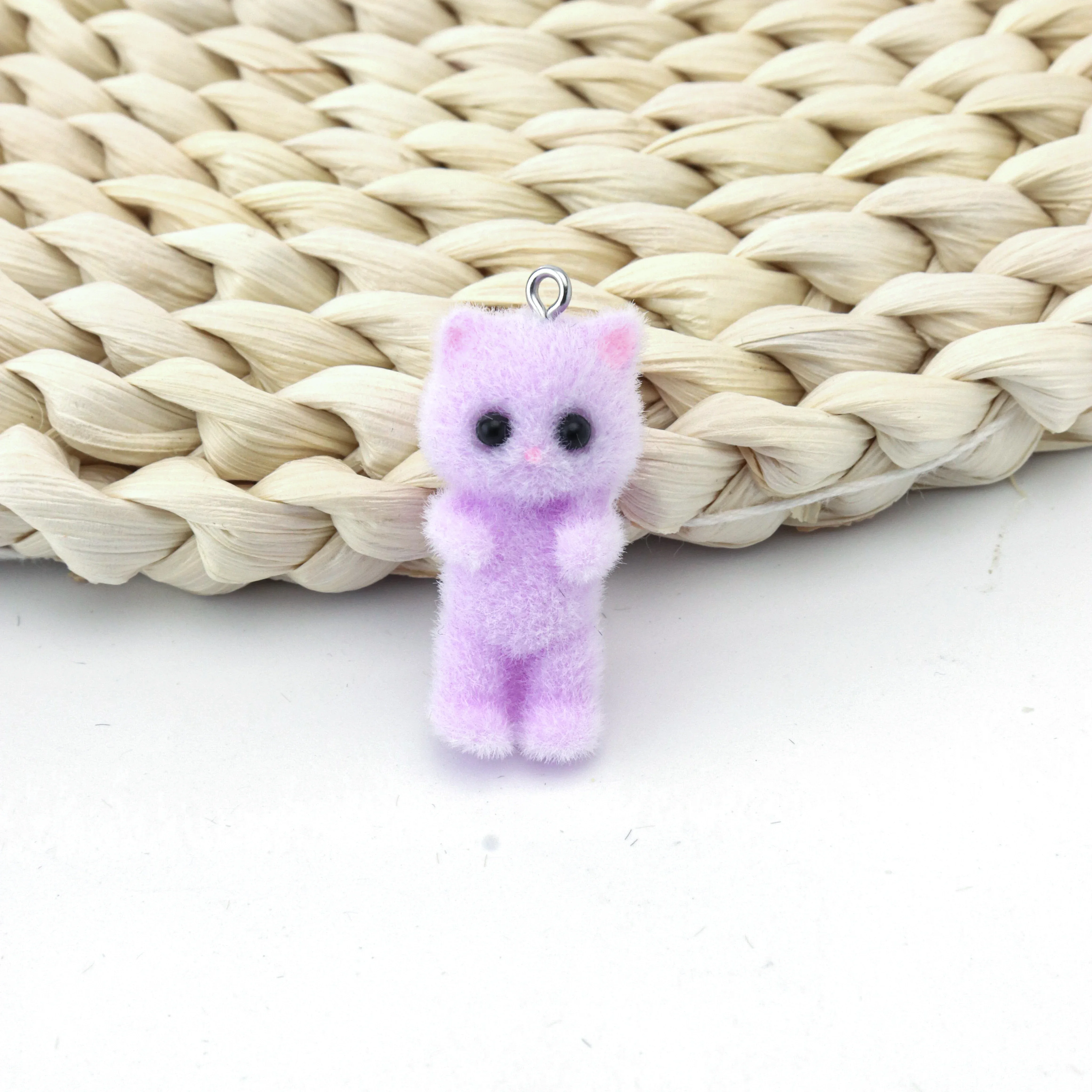 11PCS Cat Pendant Kawaii 3D Fluffy Flocking Animal Cat Charms Miniature Dolls Keychain Necklace Pendant DIY Crafts Jewelry Make