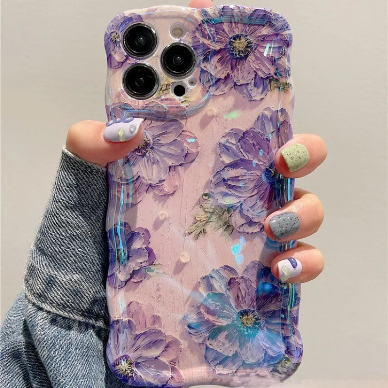1 PC Luxury Laser Oil Painting Flowers Phone Cases For iPhone 16 15 14 13 12 11 Pro Max Plus image 2