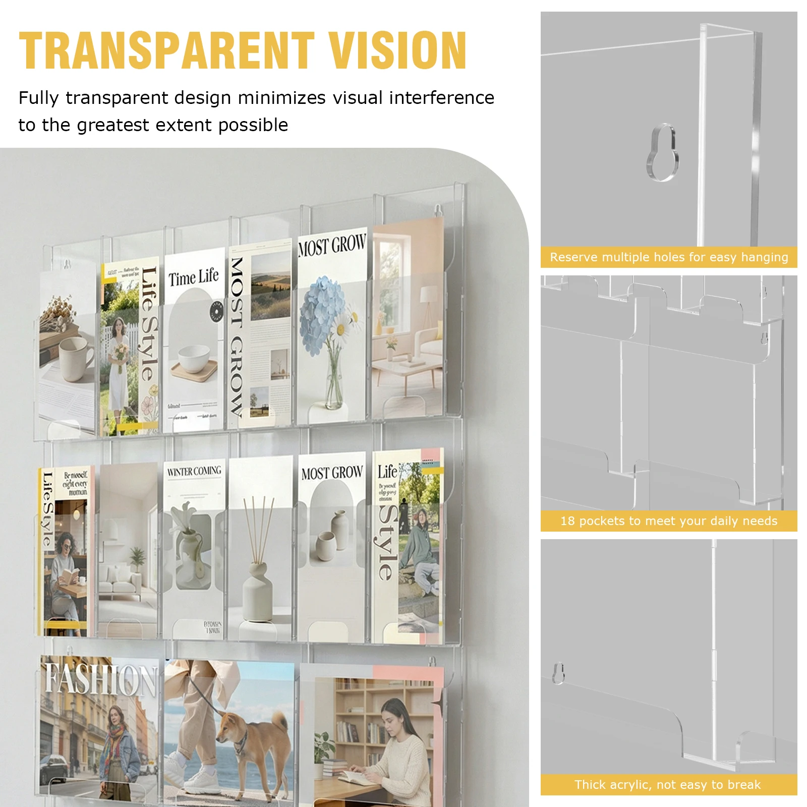 

18/15 Pockets Wall Magazine Rack 6/3 Magazine Pockets 12 Pamphlet Pockets 10/5inches for Flyer Literature Menu Advertise