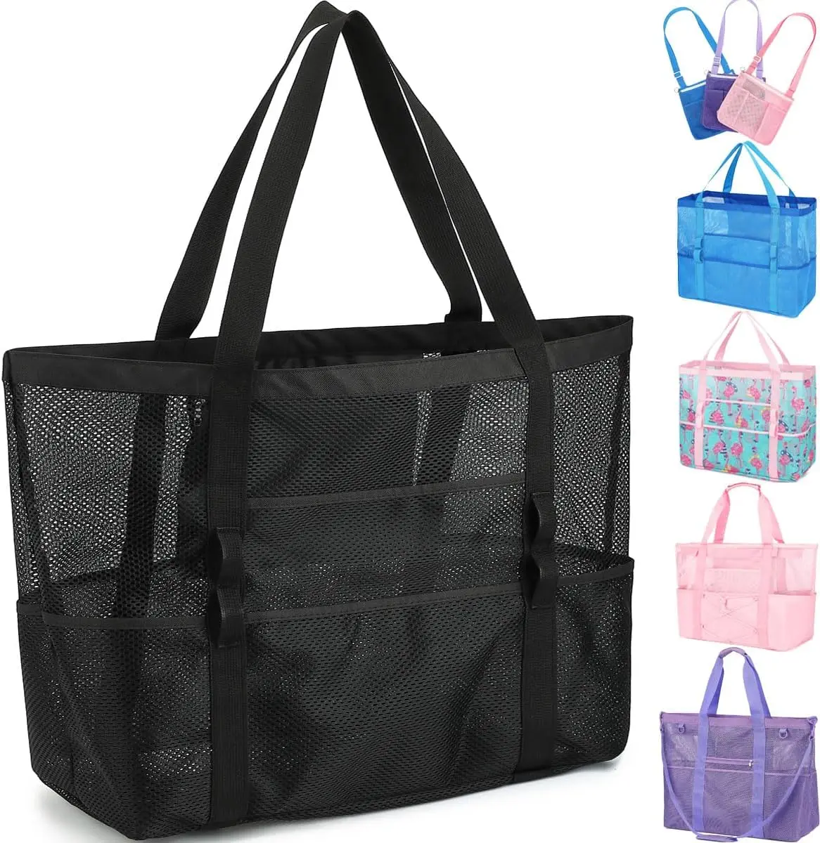 

Large Mesh Beach Tote with Zipper Pocket, Perfect for Family Travel and Pool Essentials