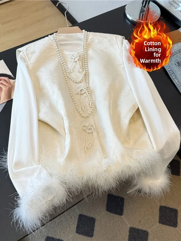 

New Chinese Sle Ostrich Feather Patchwork Satin Embroidery Jaet Cotton Filled Design Button Women's Top Warm Cotton Wear