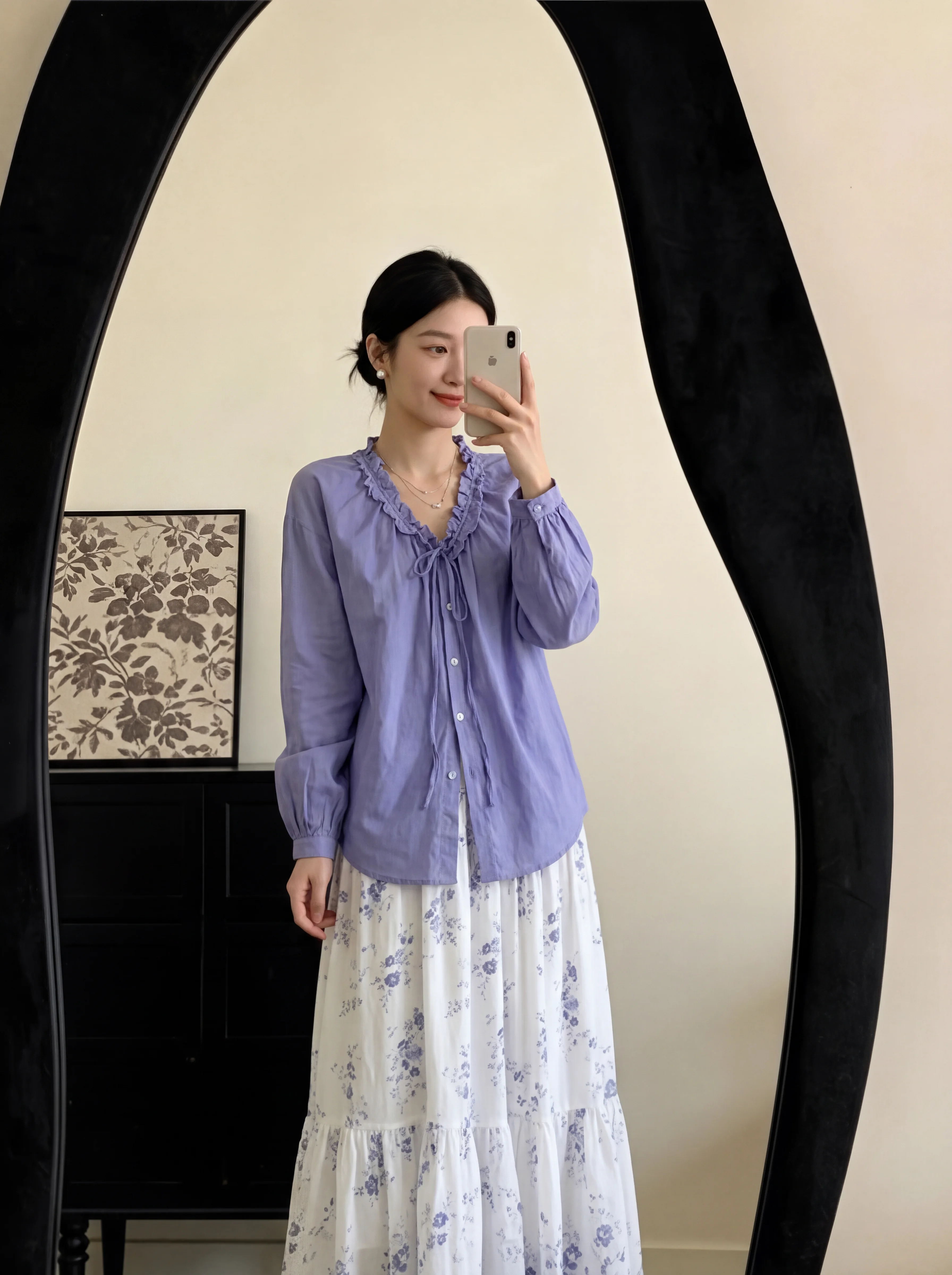 

Summer Vacation Women's Long Sleeve Shirt Skirt Set Purple Wood Grain Floral Cake Half Skirt Travel Outfit Two-Piece Set