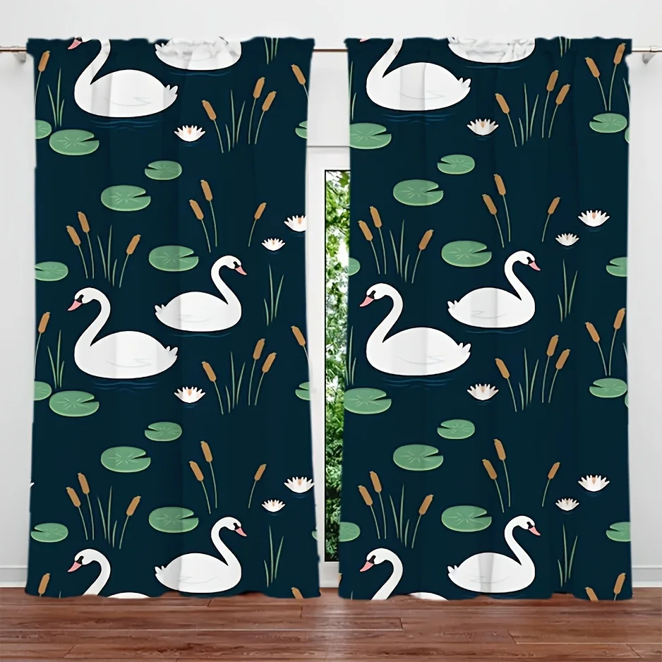 Bedruckte Vorhänge mit weißem Schwanen- und Seemotiv, Polyester, maschinenwaschbar, für Schlafzimmer, Wohnzimmer, Küche, botanische Wassergarten-Dekoration, Vorhänge