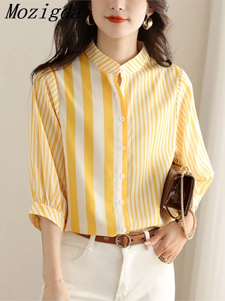 Summer Striped Print Shirts Tops Women Short Sleeve Fashion Casual Loose Pleated Ladies Blouses Korean Style Woman Shirts Tops