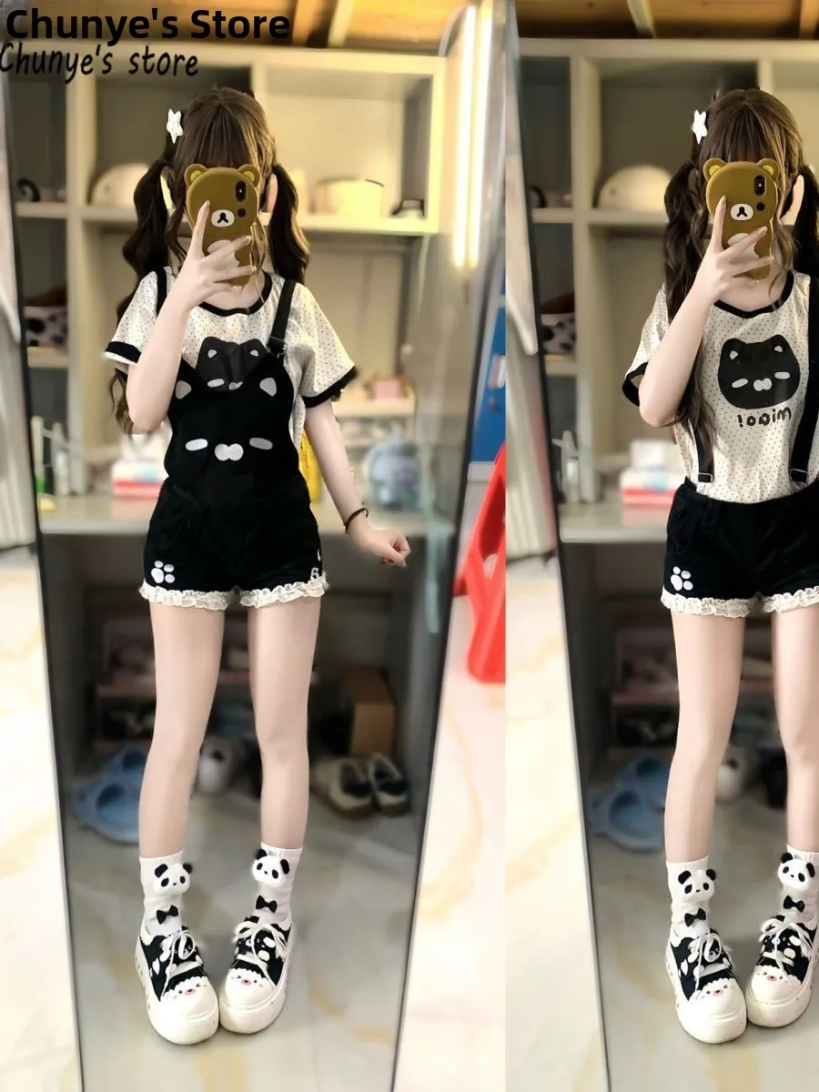 

Original Sweet Summer Short Sleeve Denim Overalls Cute Black Two-Piece Set Women's Clothing Innocent Student Uniform Style