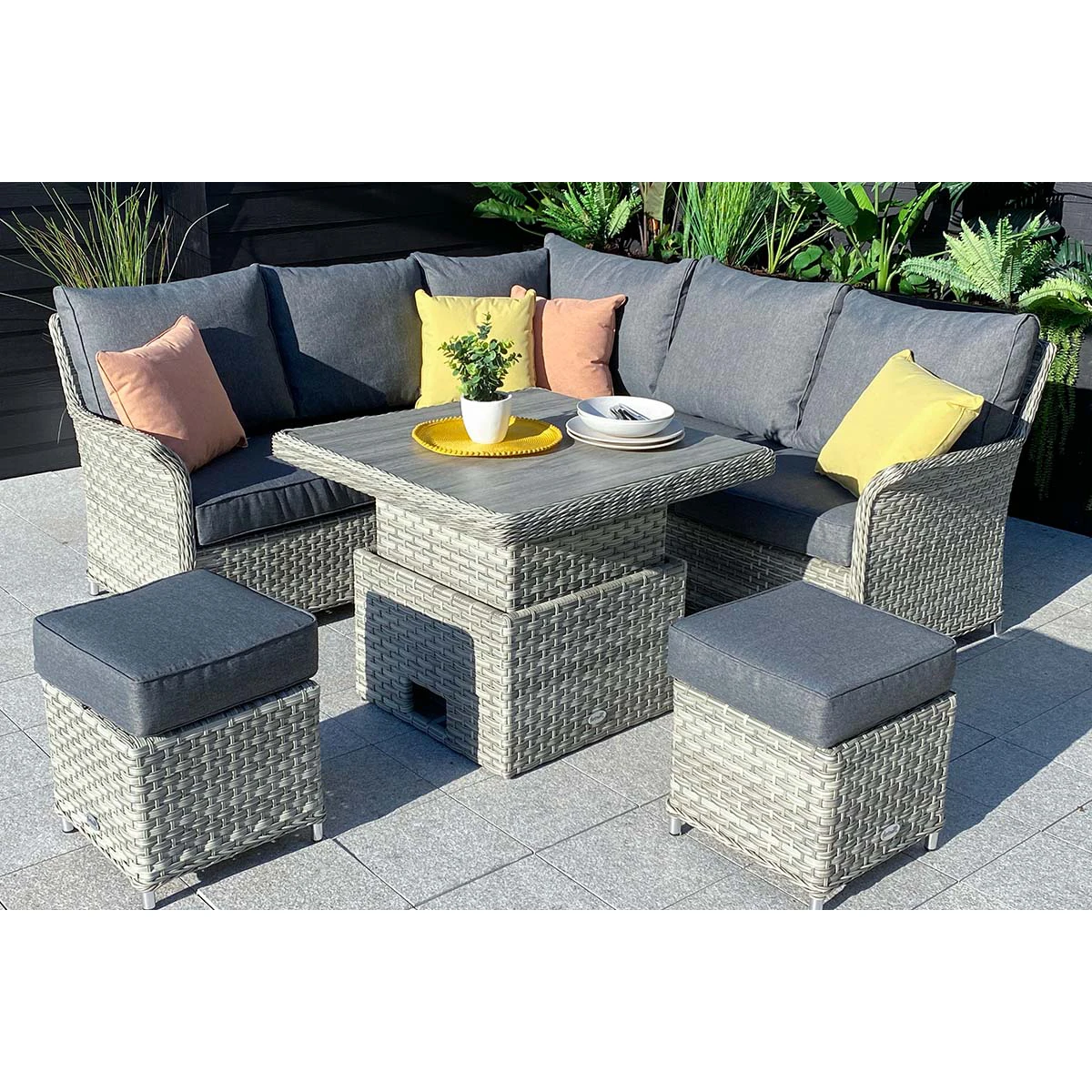 Custom Luxury Outdoor Furniture Set Rattan Dining Set Patio Corner Sofa Set with Adjustable Table