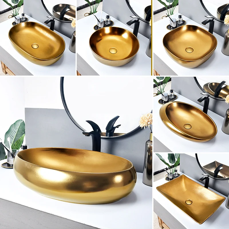 European-style high-end countertop basin, golden wash basin, ceramic art washbasin, single basin, light luxury style, hotel