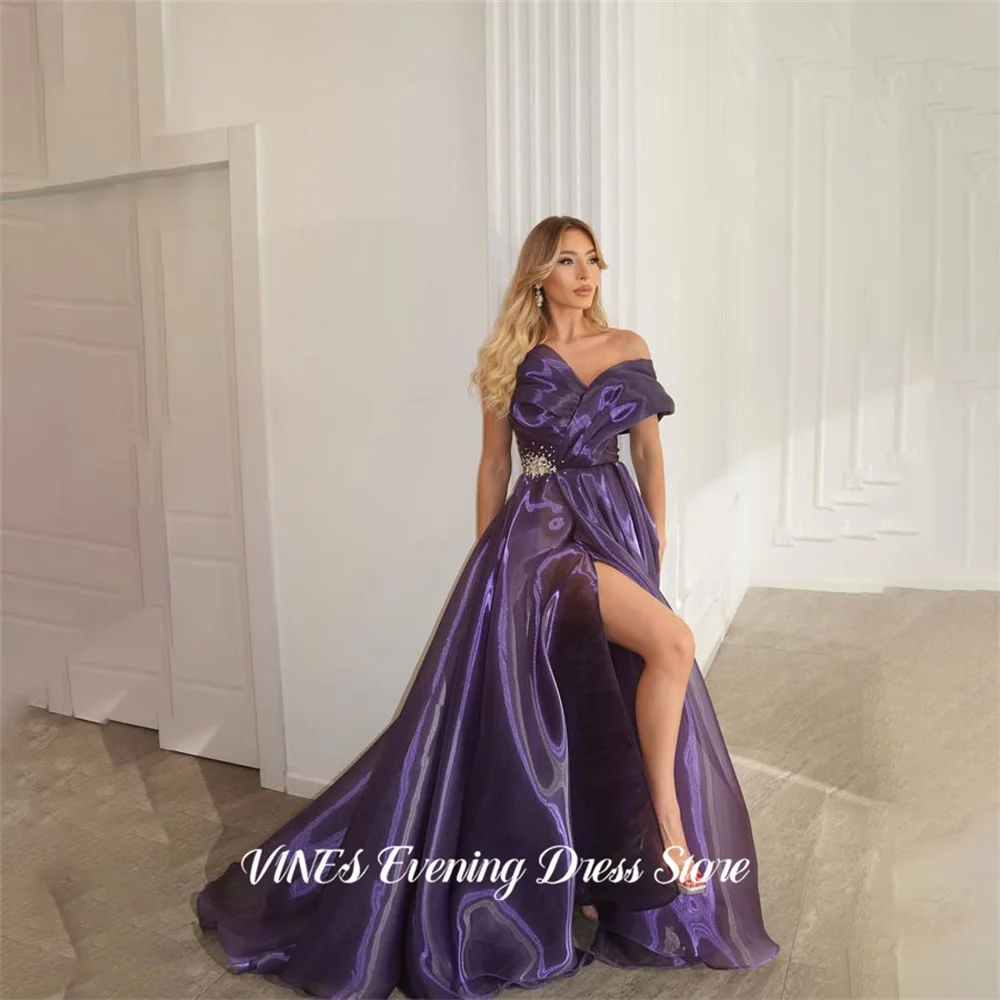 

VINES Purple Prom Dresses One Shoulder Evening Dress A Line Crystal Party Dress Shimmering Organza vestidos de fiesta Customized