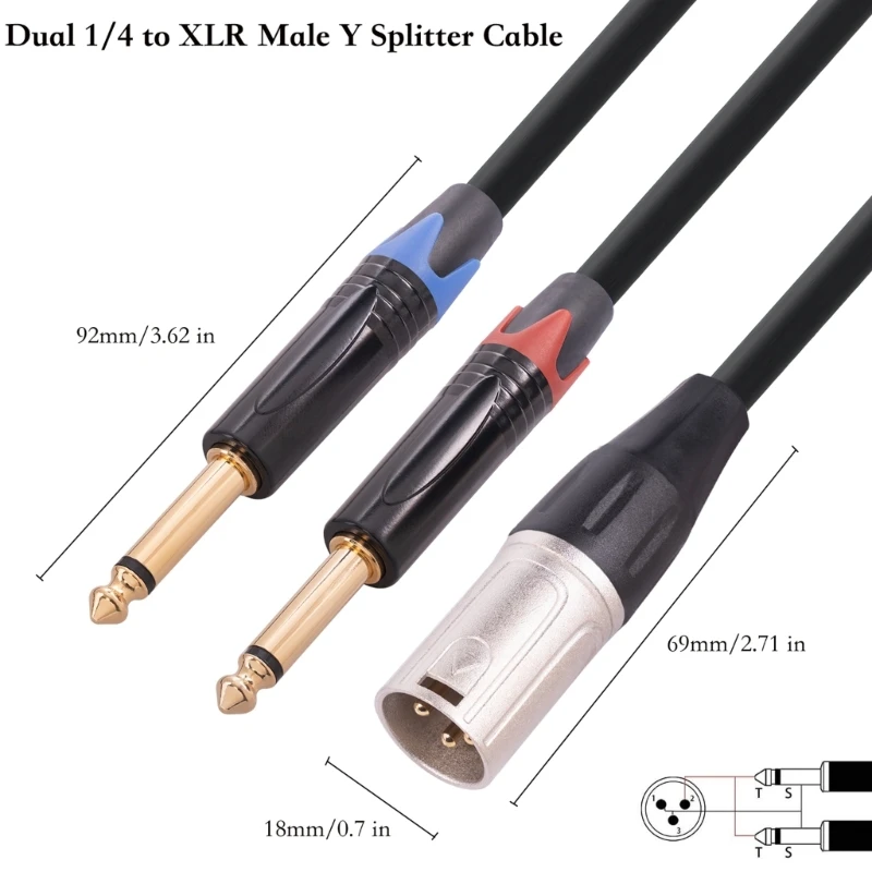 Dwa kabel splittera męskie 1/4 cala do XLR Y, 3Pin męskie XLR do podwójnego 6.35mm TS wtyczka Mono mikrofon przewodowy Adapter konwerter Audio