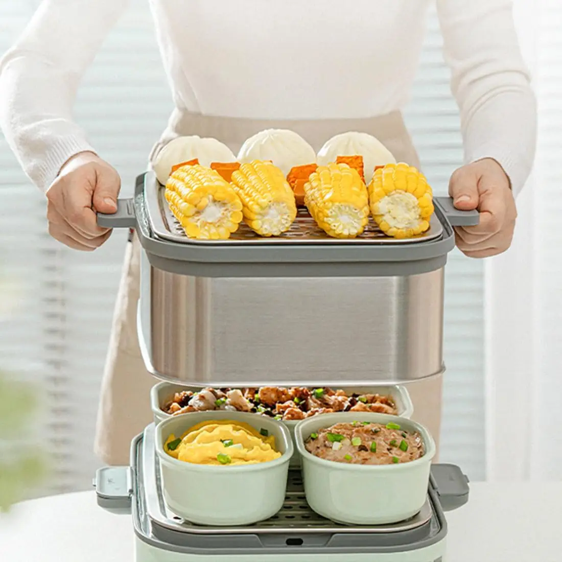 G67US-A503 Elektrischer Dampfgarer zum Kochen, 2-Reifen-Edelstahl-Dampfgarer mit manuellem Modus, 1500 W, 14 Quart, Grün