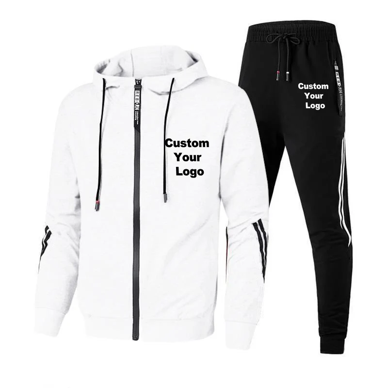 Men's Custom Logo Tracksuit Set Solid Color Hoodies and Drawstring Sweatpants Loose Fit Leisure Sportswear Suit