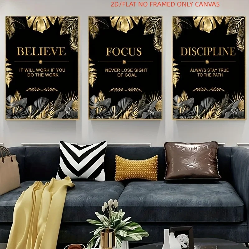 （Noframe 3PCS)-2D Flat, 2D Flat, (2D/Flat)Luxury Motivational Canvas Posters Set of 3 Believe Focus Discipline Wall Art Moder