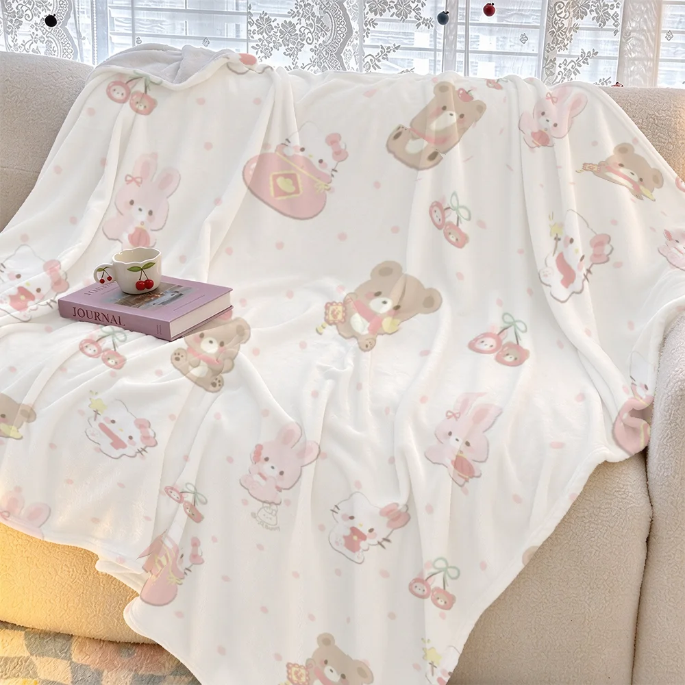 Cute Hello Kitty Flannel Blanket Cartoon Bear Rabbit Cherry Print Soft Fleece Throw Sofa Bed Baby Camping Car Blanket