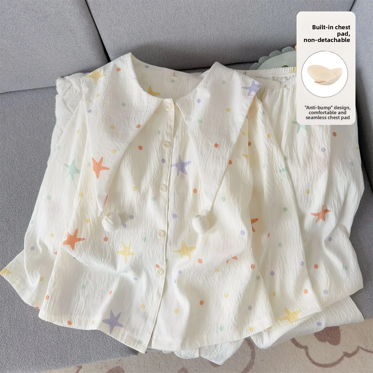 Polka Dot Star Women's Sleepwear with Chest Pad Long Sleeve Cotton Silk Home Clothes Set Soft Cloud Cotton Loose Fit Design