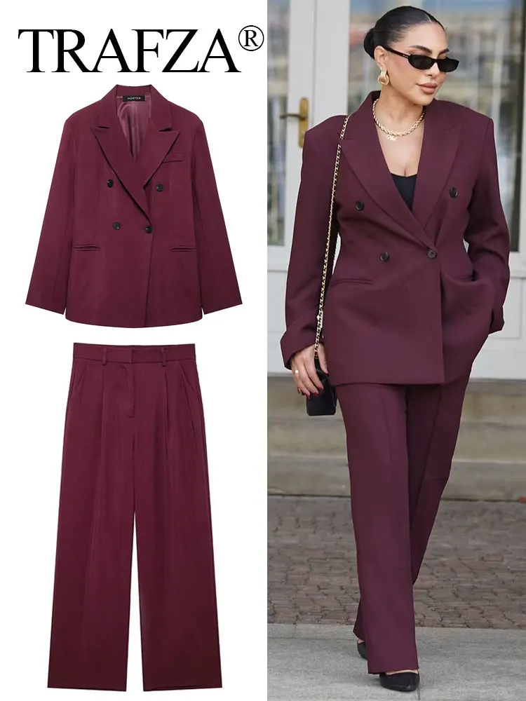 TRAFZA Women Blazer Coat Pant Sets Double Breasted Long Sleeve Jacket Slim Straight Trousers Fashion High Street Wine Red Suits