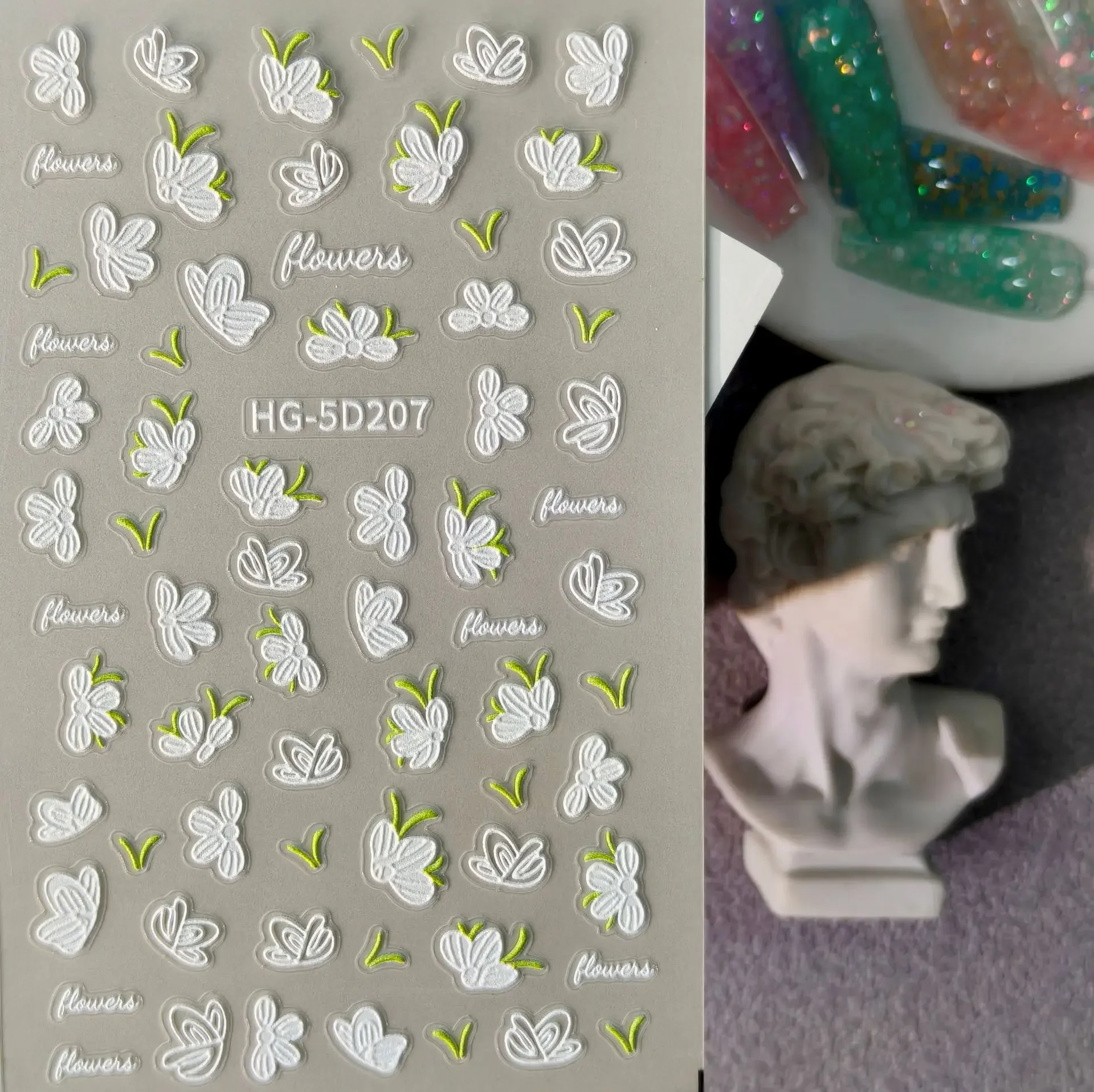 1 Set 5D Embossed White Flower Nail Stickers Fresh Hand Drawn Self Adhesive Manicure Decor Ornaments