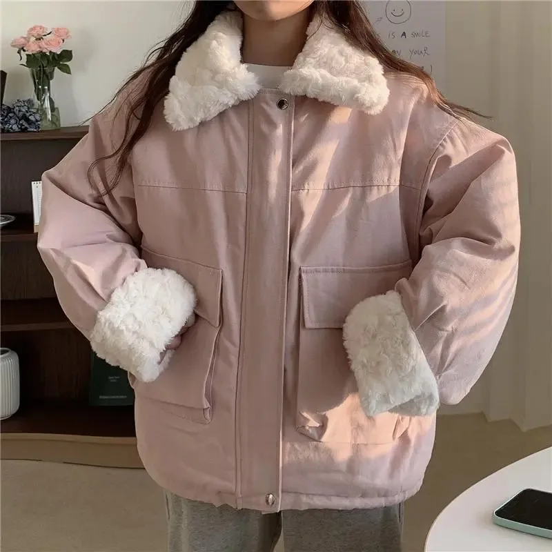 

Women's Thick Warm Winter Cotton Coat Pink Sweet Wool Collar Japanese Elegant Jacket Imitation Lamb Wool Casual Coat 2023