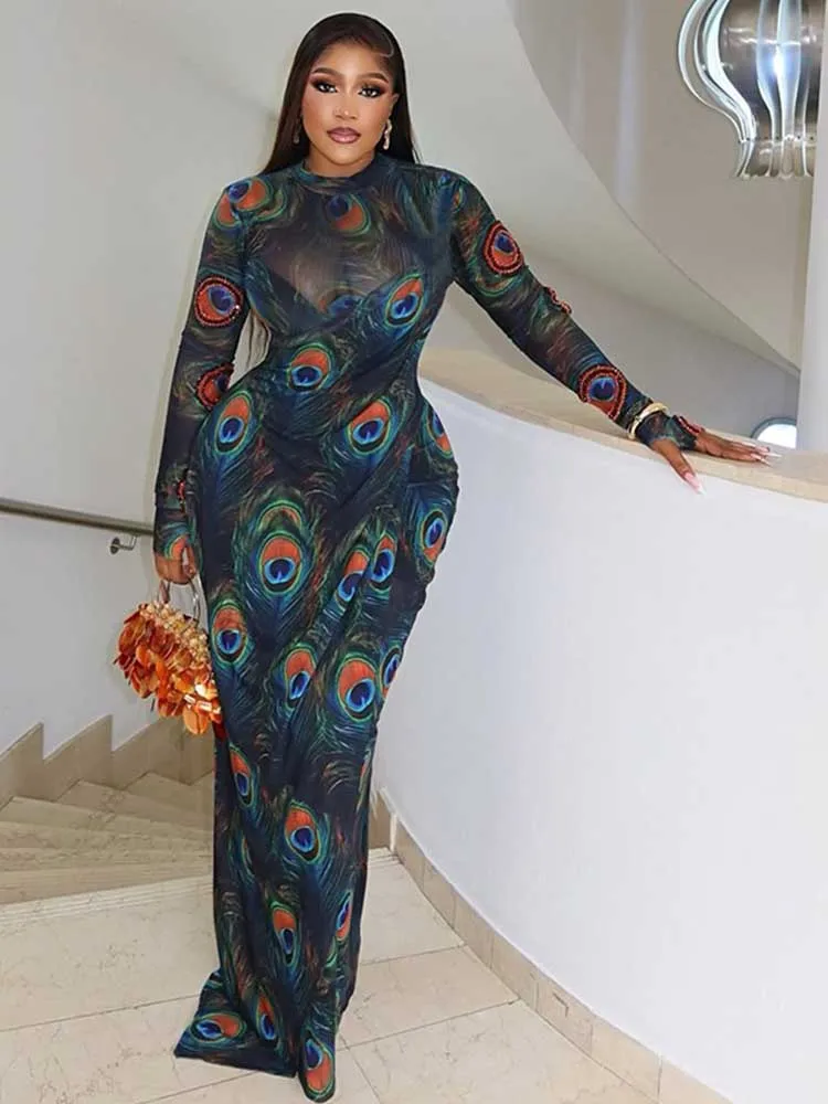 Vestidos de manga larga elegante cintura delgada transparente Sexy vestido verde oscuro mujer ropa de fiesta de noche vestidos ajustados Maxi