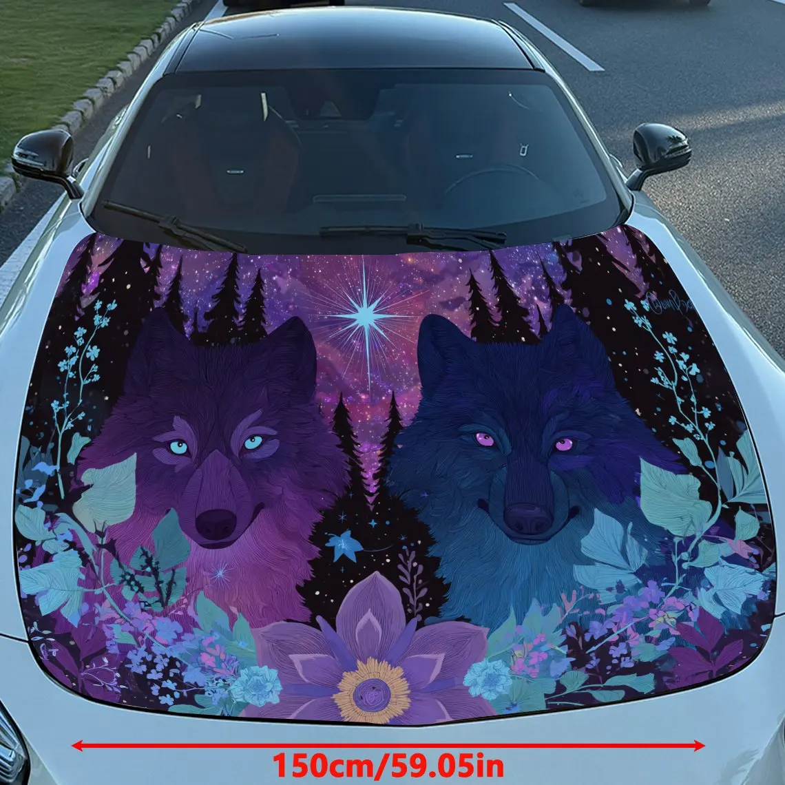 Dreamy Purple - Hued Flower - Cluster Twin Wolves Print car hood stickers, waterproof self-adhesive, scratch resistant, easy to
