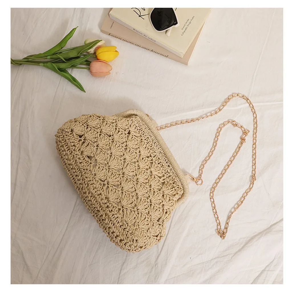 Women'S Woven Straw Crossbody Bag Hollow-Out Solid Color Shoulder Bag Fashion Minimalist Beach Travel Handbag for Outing Summer
