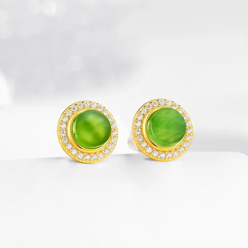 

TIMESWIND Женские серебряные серьги из натурального зеленого нефрита Hetian с полным цирконом S925 с сертификатом