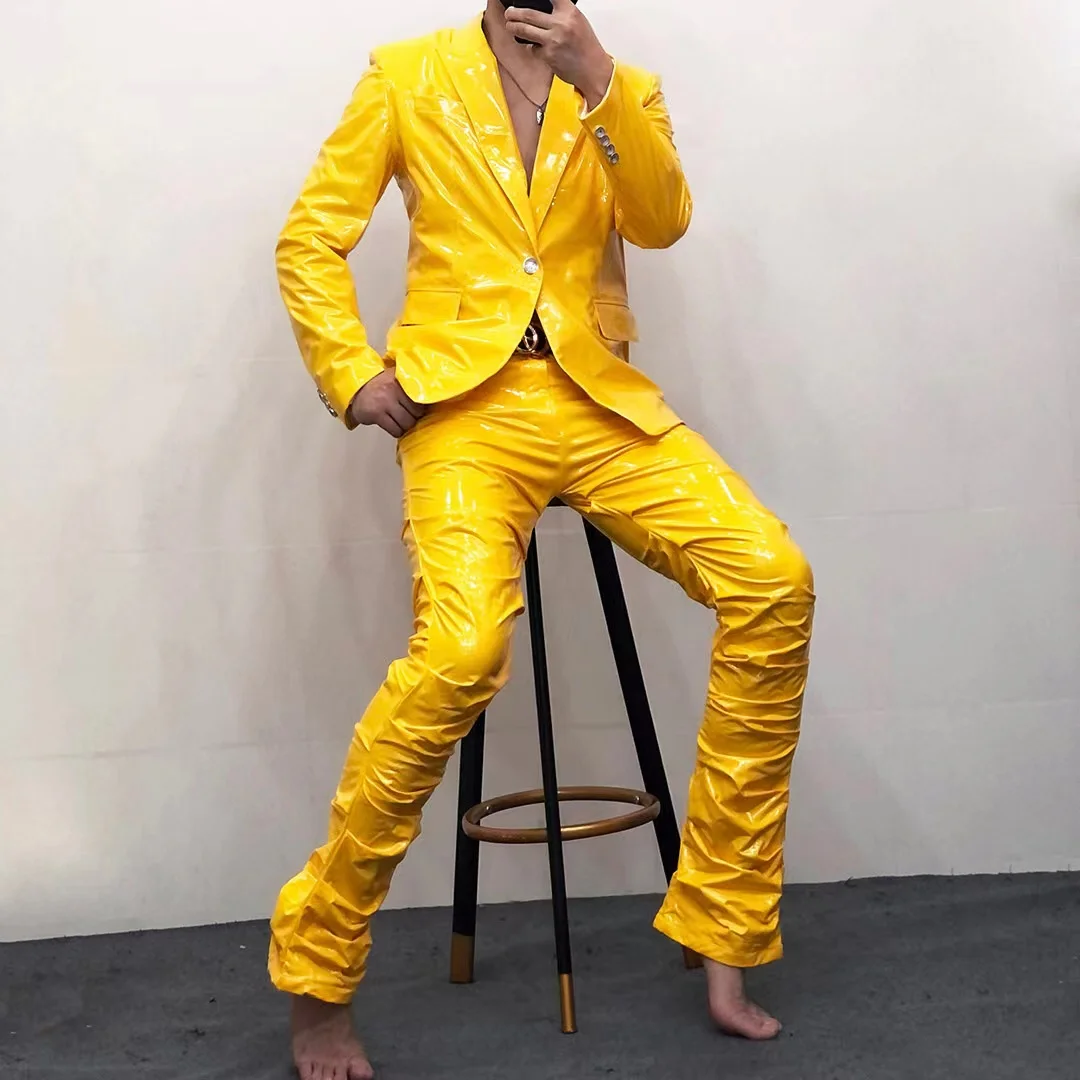 Men Leather Suit Coat+Pleated Trumpet Pants Elastic Reflective PU 2pcs/Set Bar Nightclub Singer Dancer Performance Costume S-6XL