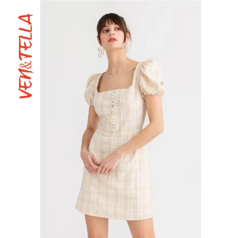 Exclusive blogger's square neck waist cinched backless checkered bubble sleeve dress~VEN&TELLA