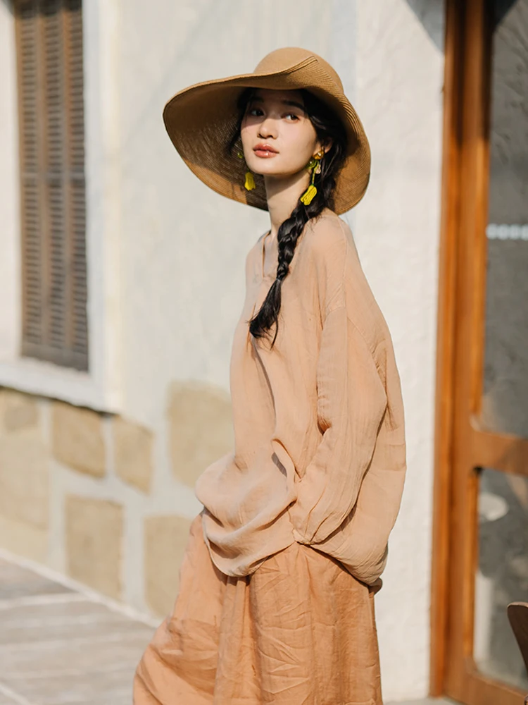 

Waed Silk Long Sve Sun Protection irt Sweet Tea Series Lemon Orange V-ne Loose Fit Chinese Brand ZHAN’FANG