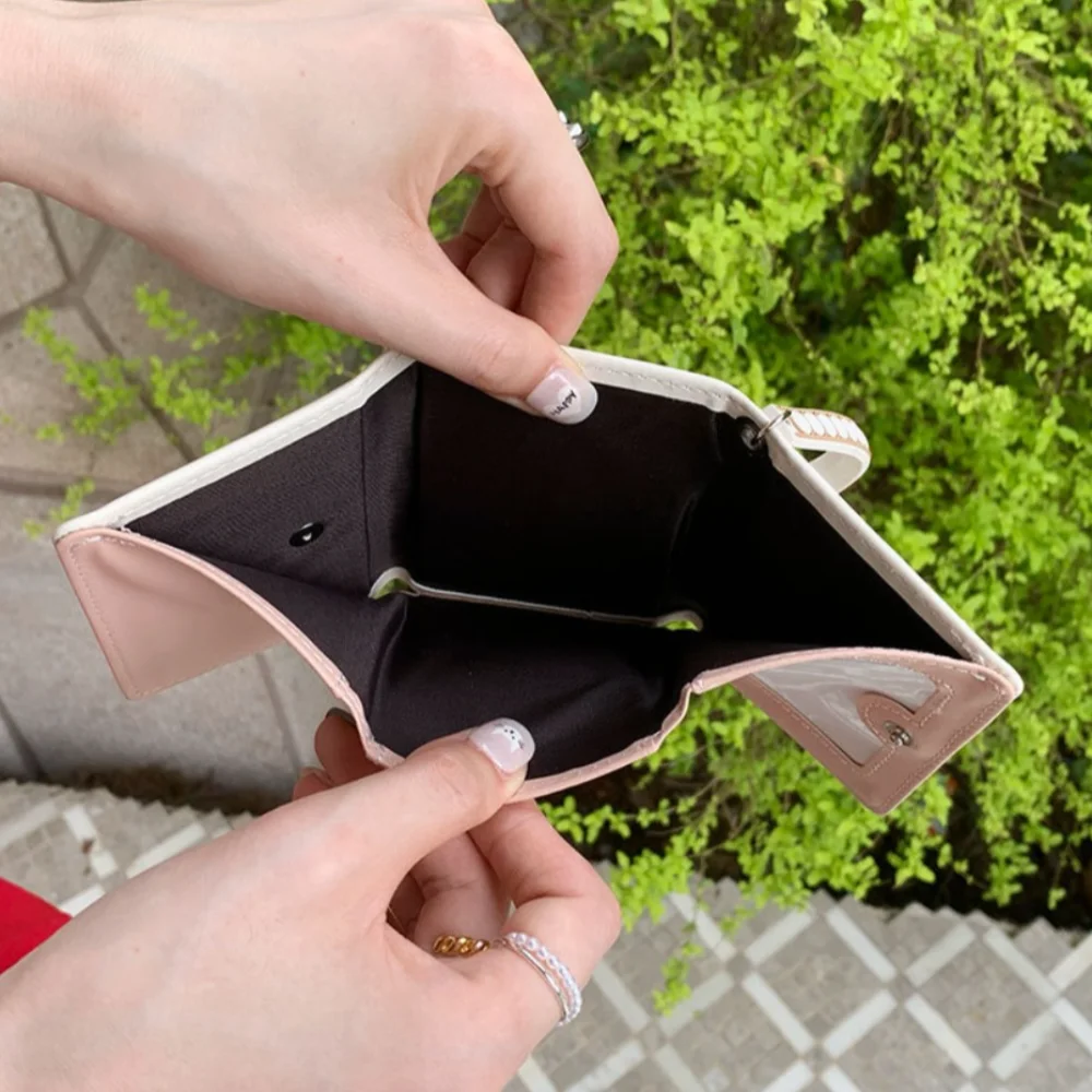 Sweet Pink Color Short Wallet With Hand Strap Cartoon Bear Coin Purse Solid Color Card Bag Women