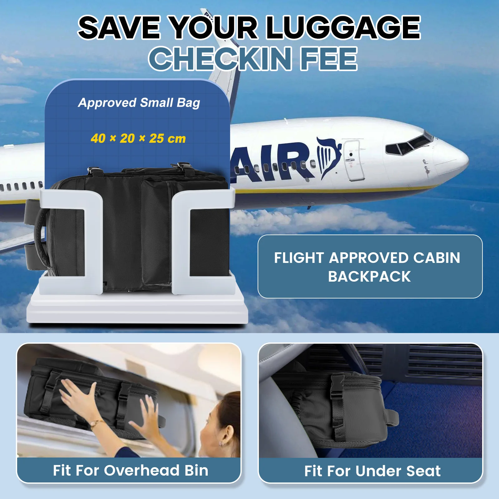 Ryanair 40x20x25 Cabin Bag Vacuum Clothing Storage Bag  Air Vacuum Compression Travel Backpack Men Women 15.6in Laptop Backpack