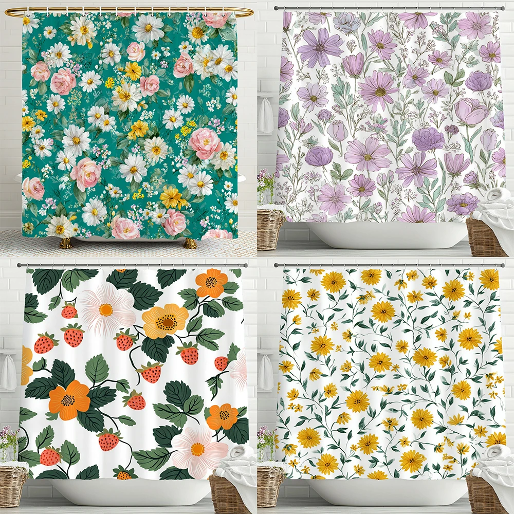 

Spring Flower Plant Shower Curtain, Bathroom Decorative Shower Curtain, Waterproof Shower Curtain with Hooks
