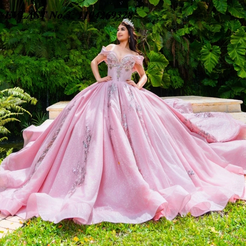 

EVLAST Customized 2025 Pink Quinceanera Dress Ball Gown Lace Applique Crystal Sequins Beaded Sweet 16 Vestidos De 15 Anos E3Q811