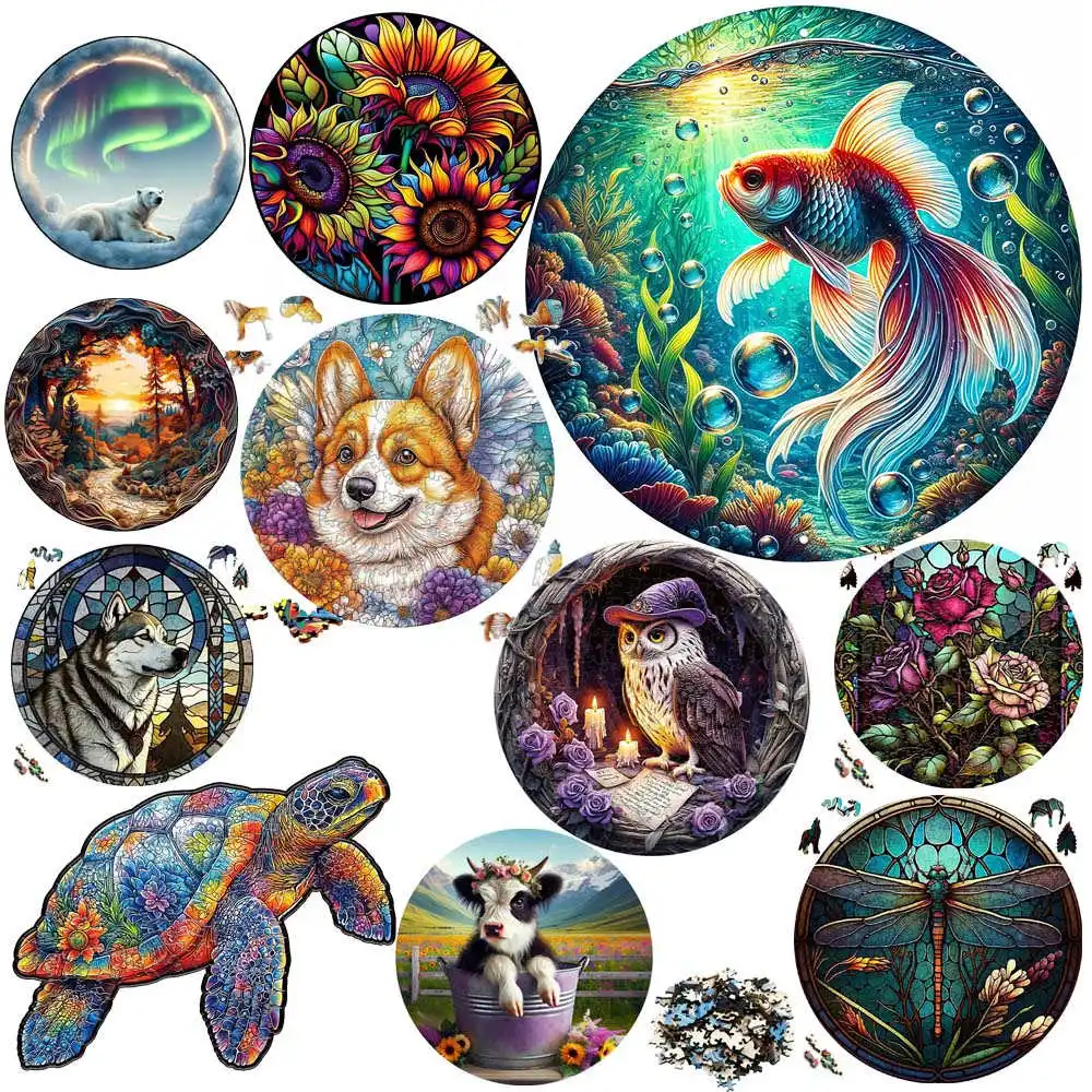 

Beautiful Fish Wooden Animal Puzzle for Adult Kids Intelligent Lovely Turtle Wood Puzzles Decompressed Toys Holiday Gifts
