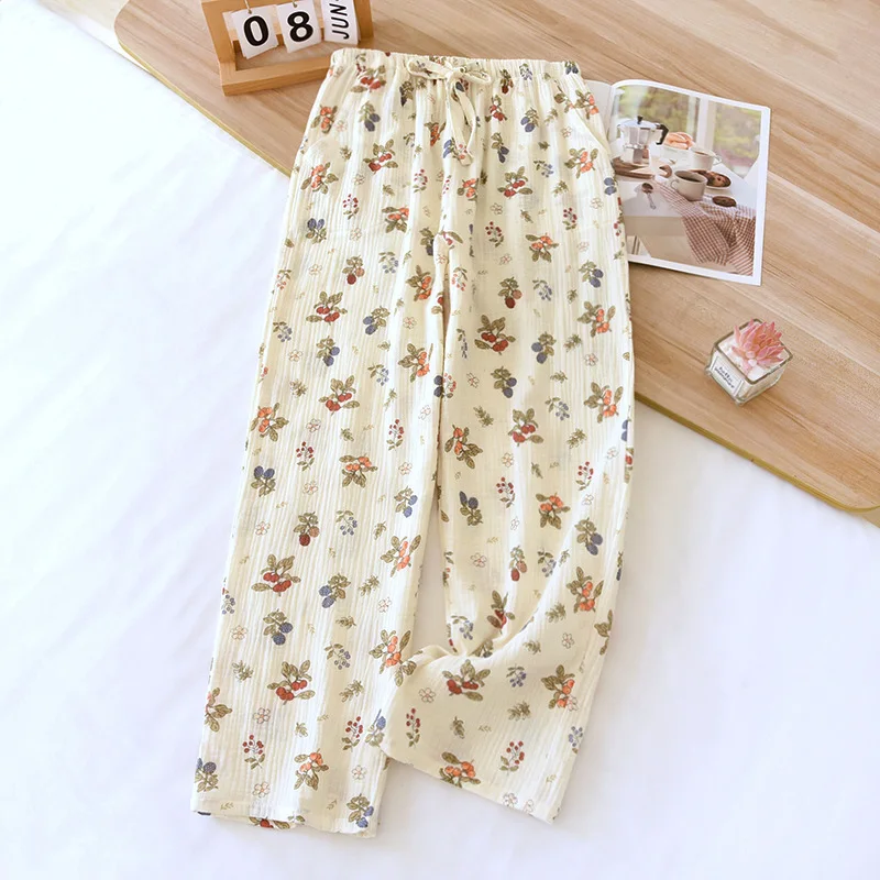 2024 Japanese New Spring/Summer Women\'s Sleeping Pants 100% Cotton Crepe Printed Pants Thin Loose Lace Home Pants Ladies