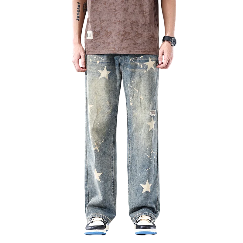 New Straight Leg Jeans For Men Fashionable Print Trendy Fit Nostalgic Wash Simple And Casual Hip-Hop Fashion Brand Elastic Denim