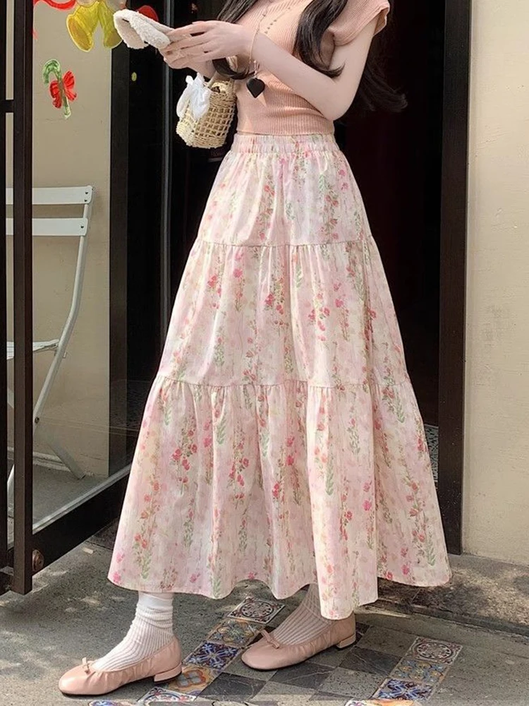 Zoki Cute Floral Long Skirts Women Elegant High Waist Retro Sweet Skirt Japan Casual Loose All Match Spring Summer Kawaii Skirt