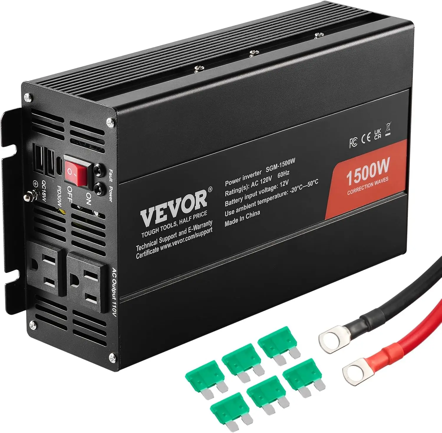 

1500W Modified Sine Wave Inverter, 12V to 120V, 2 AC Outlets, 2 USB, 1 Type-C, CE FCC Certified