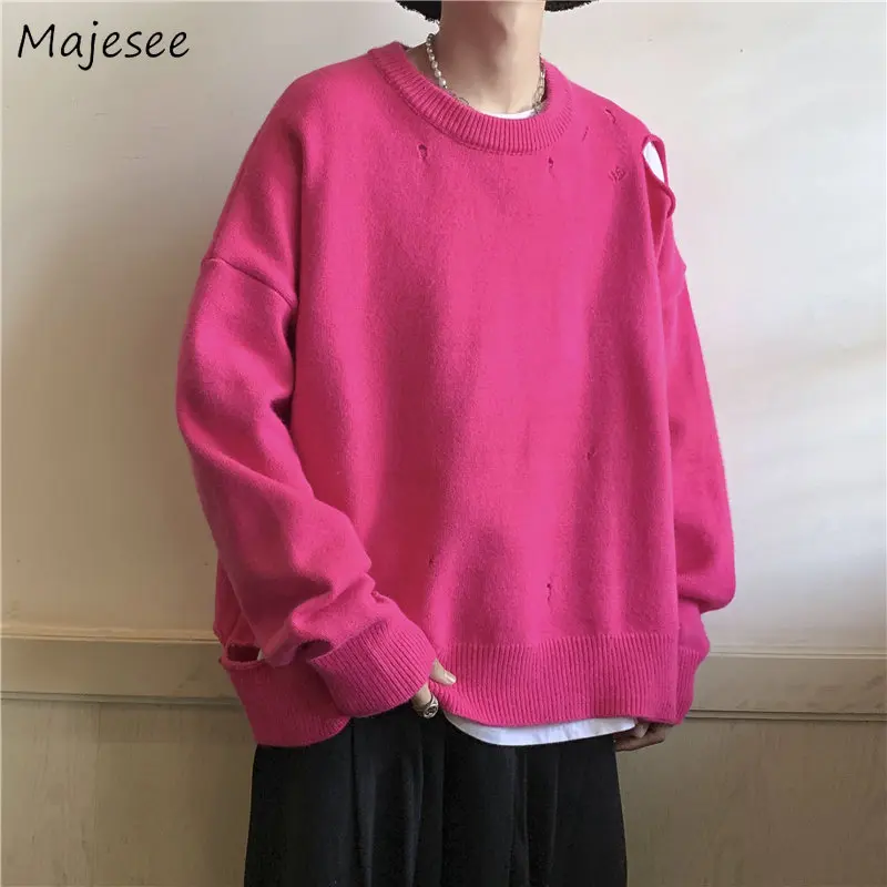 

Pink Hole Pullovers Men Clothing Sweater Design O-neck Winter Handsome Streetwear All-match Knitting Korean Teens Personal Chic